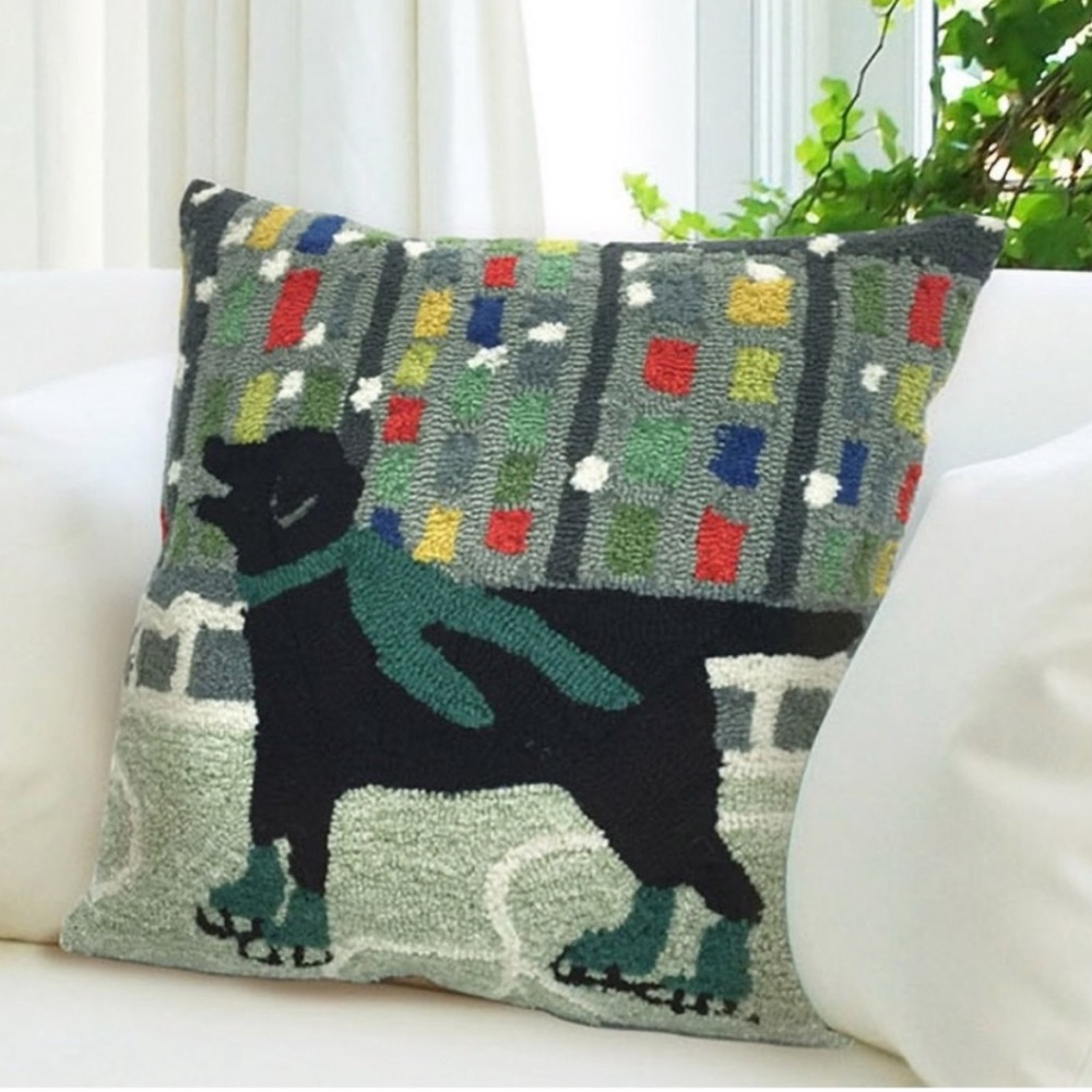 Front Porch Pillow Holiday Ice Dog by artist Liora Manne black doggo sca…